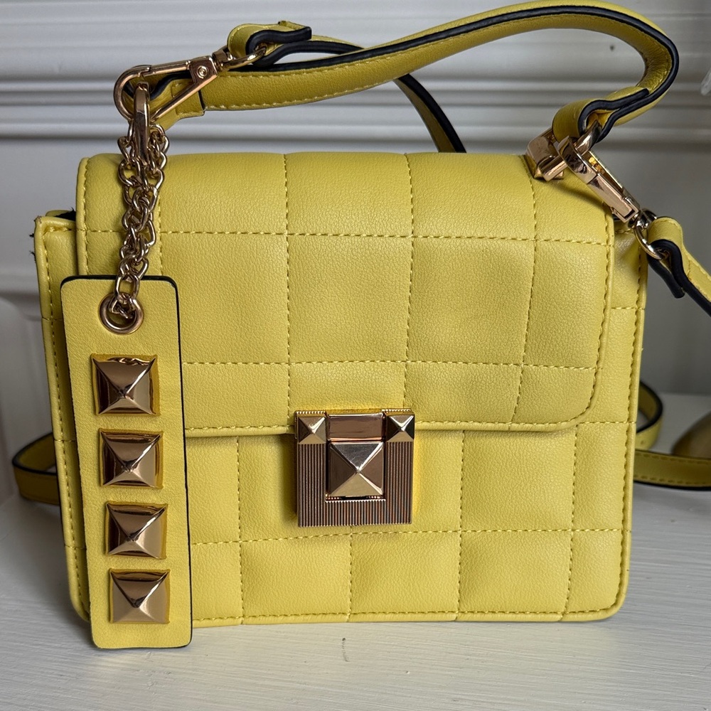 Aldo Yellow Quilted Crossbody Bag with Gold Stud Accent.